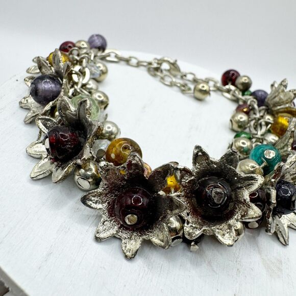Colorful Glass Bead Flower Cluster Cha Cha Bracelet Silver Tone 7-8.5” - Picture 10 of 14